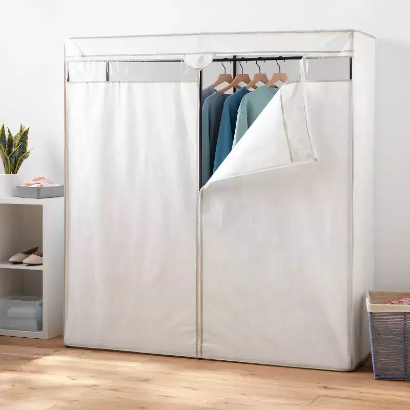 Placard de rangement couvert de 60 po de largeur blanc : Portant à vêtements portable, cadre en acier, assemblage par un adulte requis
