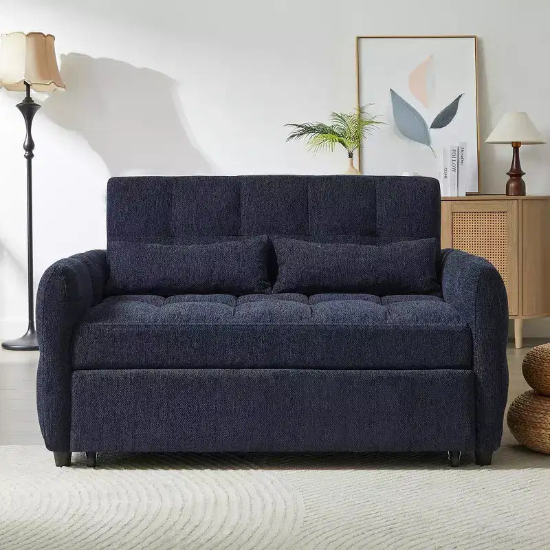 Causeuse gigogne de 134,1 cm avec dossier réglable, 3 ports USB et oreillers lombaires – Canapé-lit touffeté en chenille pour petits espaces