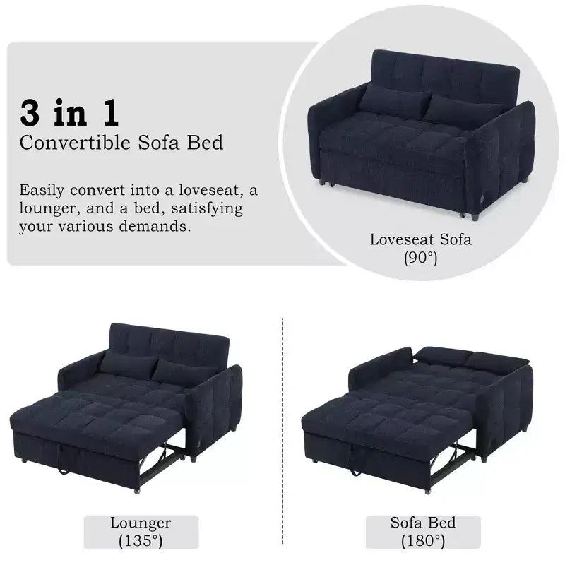 Causeuse gigogne de 134,1 cm avec dossier réglable, 3 ports USB et oreillers lombaires – Canapé-lit touffeté en chenille pour petits espaces