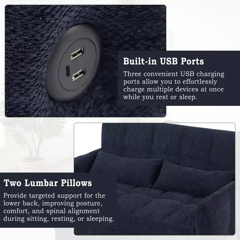 Causeuse gigogne de 134,1 cm avec dossier réglable, 3 ports USB et oreillers lombaires – Canapé-lit touffeté en chenille pour petits espaces