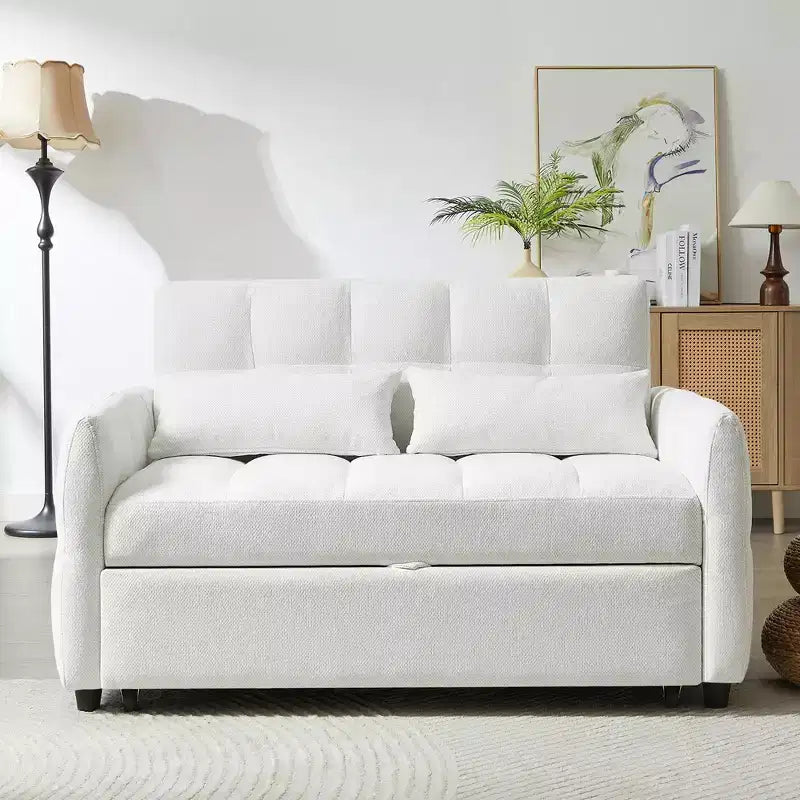 Causeuse gigogne de 134,1 cm avec dossier réglable, 3 ports USB et oreillers lombaires – Canapé-lit touffeté en chenille pour petits espaces