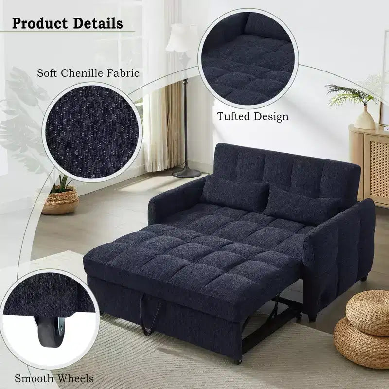 Causeuse gigogne de 134,1 cm avec dossier réglable, 3 ports USB et oreillers lombaires – Canapé-lit touffeté en chenille pour petits espaces