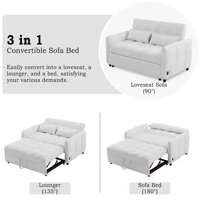 Causeuse gigogne de 134,1 cm avec dossier réglable, 3 ports USB et oreillers lombaires – Canapé-lit touffeté en chenille pour petits espaces