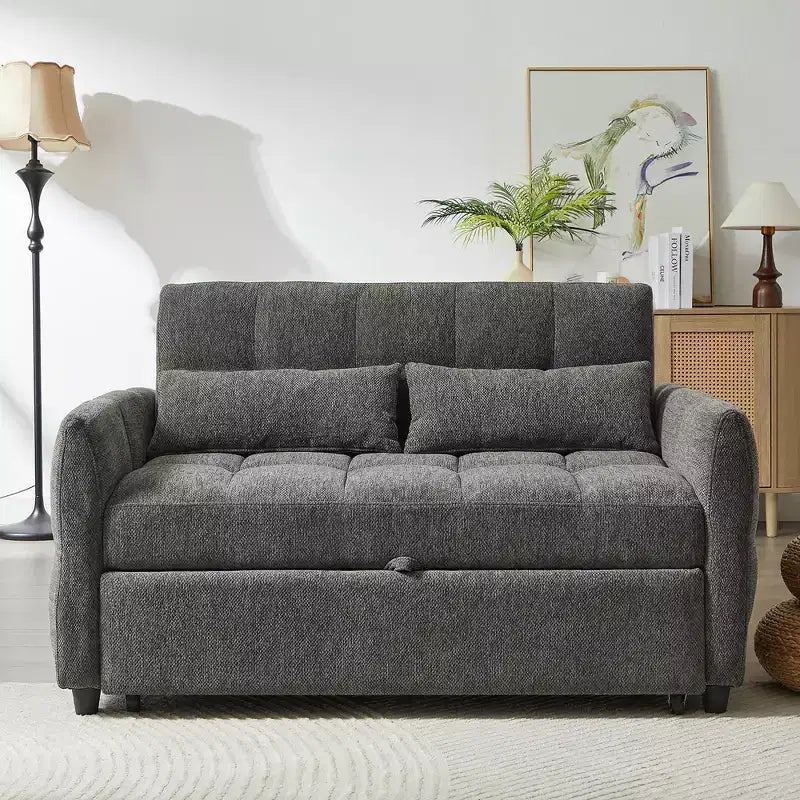 Causeuse gigogne de 134,1 cm avec dossier réglable, 3 ports USB et oreillers lombaires – Canapé-lit touffeté en chenille pour petits espaces