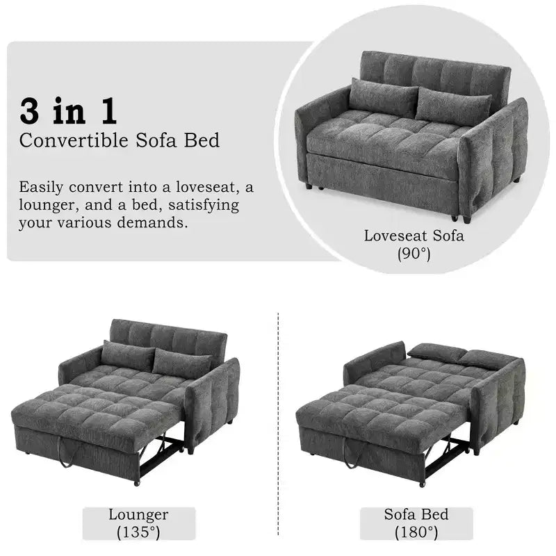 Causeuse gigogne de 134,1 cm avec dossier réglable, 3 ports USB et oreillers lombaires – Canapé-lit touffeté en chenille pour petits espaces