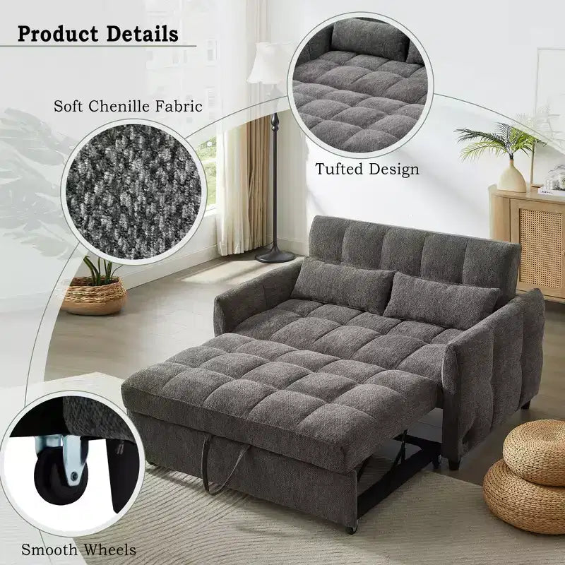Causeuse gigogne de 134,1 cm avec dossier réglable, 3 ports USB et oreillers lombaires – Canapé-lit touffeté en chenille pour petits espaces