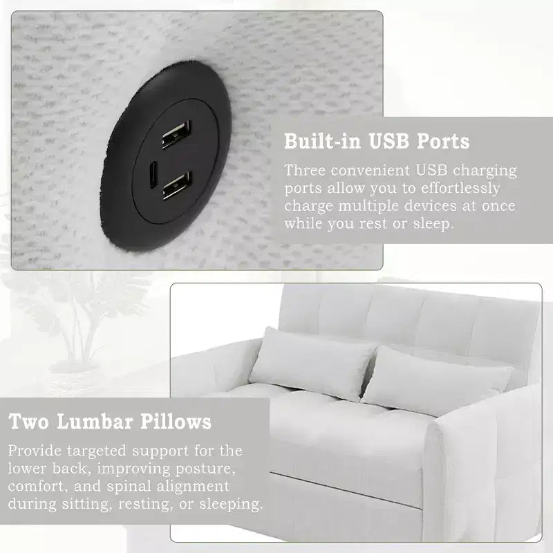 Causeuse gigogne de 134,1 cm avec dossier réglable, 3 ports USB et oreillers lombaires – Canapé-lit touffeté en chenille pour petits espaces