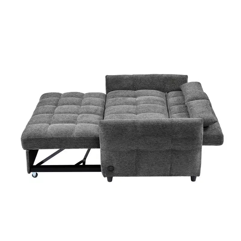 Causeuse gigogne de 134,1 cm avec dossier réglable, 3 ports USB et oreillers lombaires – Canapé-lit touffeté en chenille pour petits espaces
