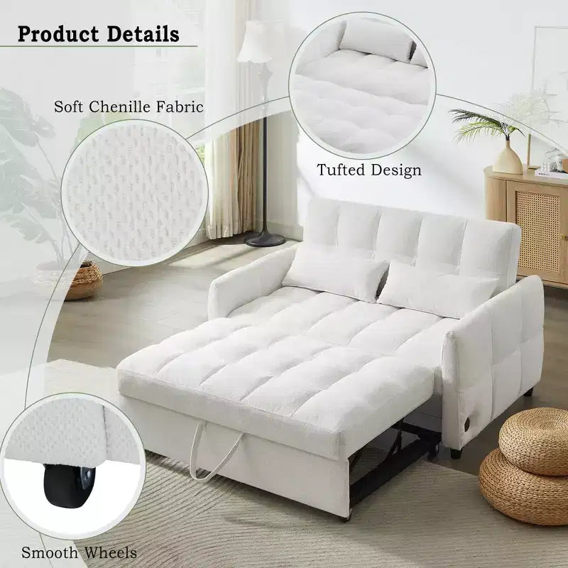 Causeuse gigogne de 134,1 cm avec dossier réglable, 3 ports USB et oreillers lombaires – Canapé-lit touffeté en chenille pour petits espaces