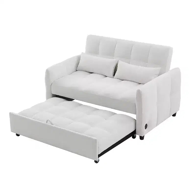 Causeuse gigogne de 134,1 cm avec dossier réglable, 3 ports USB et oreillers lombaires – Canapé-lit touffeté en chenille pour petits espaces