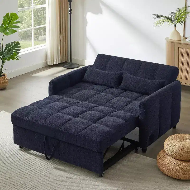 Causeuse gigogne de 134,1 cm avec dossier réglable, 3 ports USB et oreillers lombaires – Canapé-lit touffeté en chenille pour petits espaces