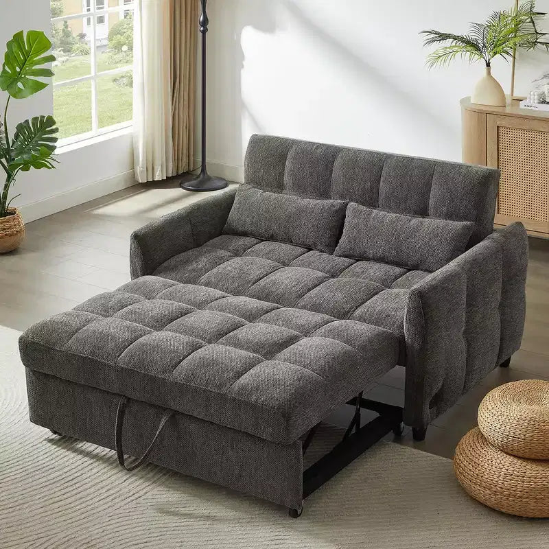 Causeuse gigogne de 134,1 cm avec dossier réglable, 3 ports USB et oreillers lombaires – Canapé-lit touffeté en chenille pour petits espaces