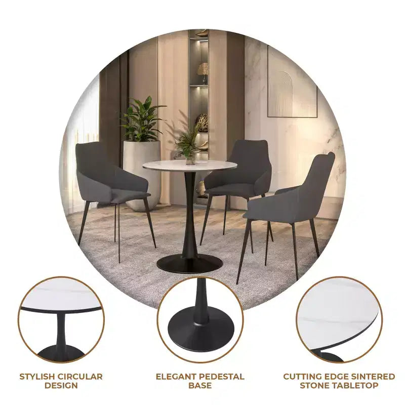 Table à manger ronde Bristol 24 avec plateau en pierre frittée et piètement en acier noir robuste pour cuisine et petits espaces