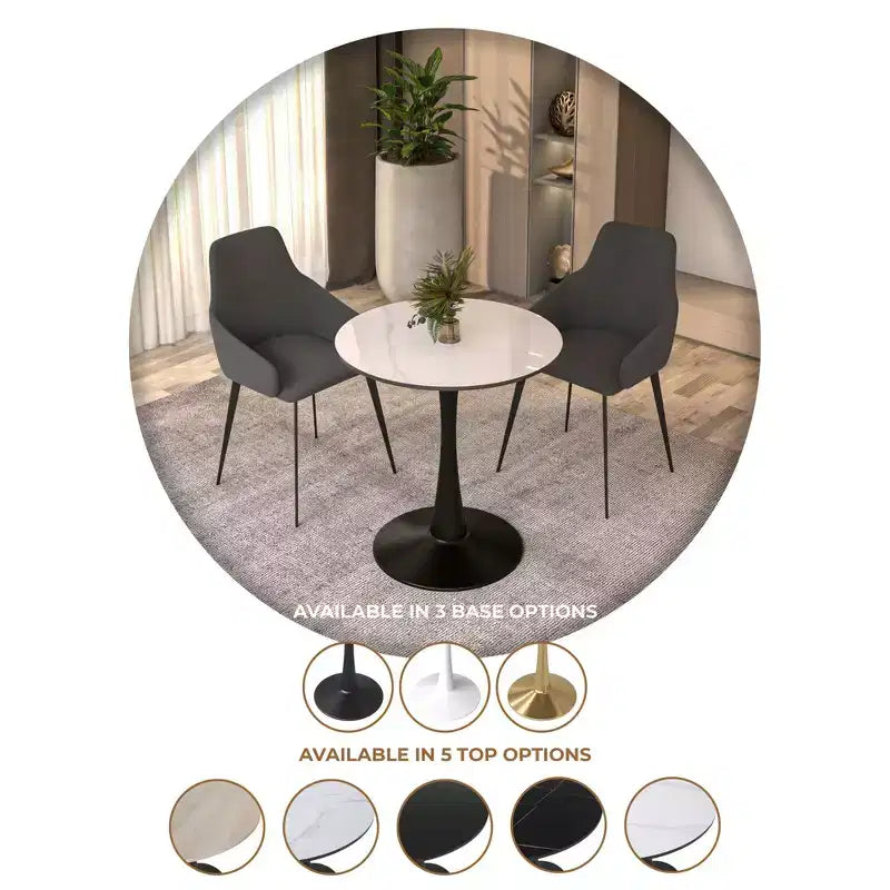 Table à manger ronde Bristol 24 avec plateau en pierre frittée et piètement en acier noir robuste pour cuisine et petits espaces