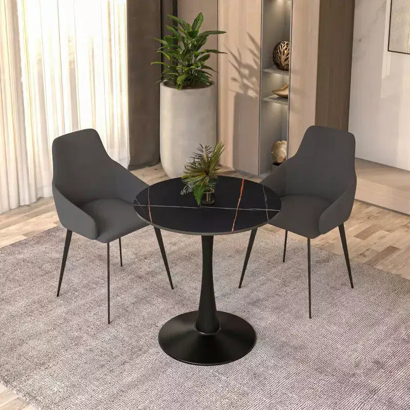 Table à manger ronde Bristol 24 avec plateau en pierre frittée et piètement en acier noir robuste pour cuisine et petits espaces