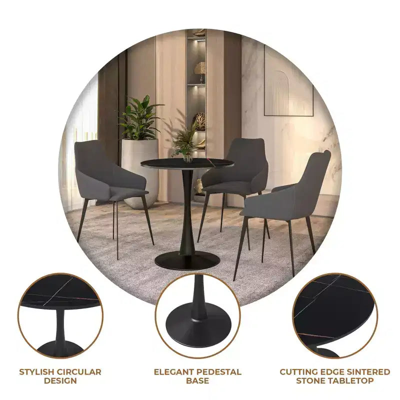 Table à manger ronde Bristol 24 avec plateau en pierre frittée et piètement en acier noir robuste pour cuisine et petits espaces
