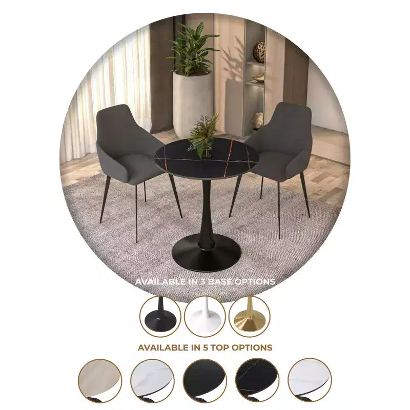 Table à manger ronde Bristol 24 avec plateau en pierre frittée et piètement en acier noir robuste pour cuisine et petits espaces