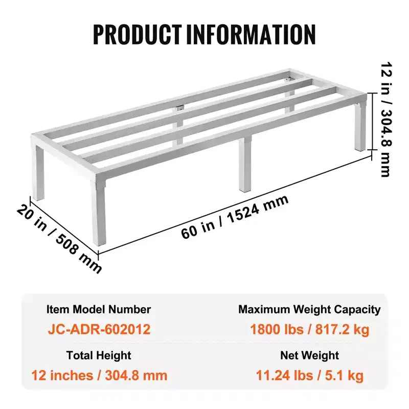Étagère de Stockage en Aluminium Soudé, 60 x 20, pour Usage Commercial, Hauteur 12 po du Sol, Capacité 1800 lbs