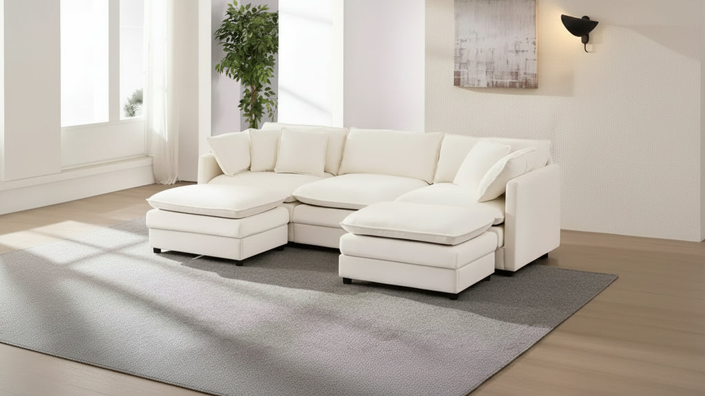 Canapé sectionnel modulaire en U de 256,5 cm, canapé nuage à 5 places avec 2 poufs, canapé-lit moderne en chenille avec assise profonde