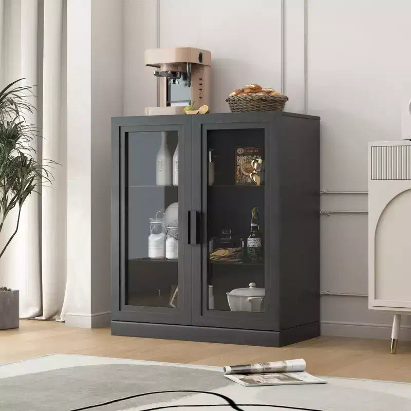36x31x16 Buffet bahut en bois noir, organisateur de rangement avec étagères réglables et portes vitrées pour cuisine, chambre, salon/salle à manger