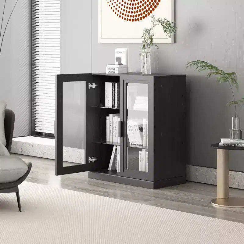 36x31x16 Buffet bahut en bois noir, organisateur de rangement avec étagères réglables et portes vitrées pour cuisine, chambre, salon/salle à manger