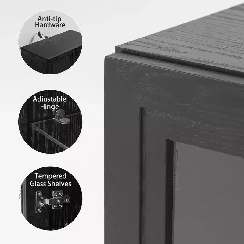 36x31x16 Buffet bahut en bois noir, organisateur de rangement avec étagères réglables et portes vitrées pour cuisine, chambre, salon/salle à manger