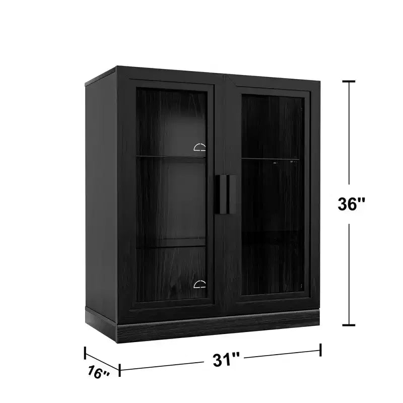 36x31x16 Buffet bahut en bois noir, organisateur de rangement avec étagères réglables et portes vitrées pour cuisine, chambre, salon/salle à manger