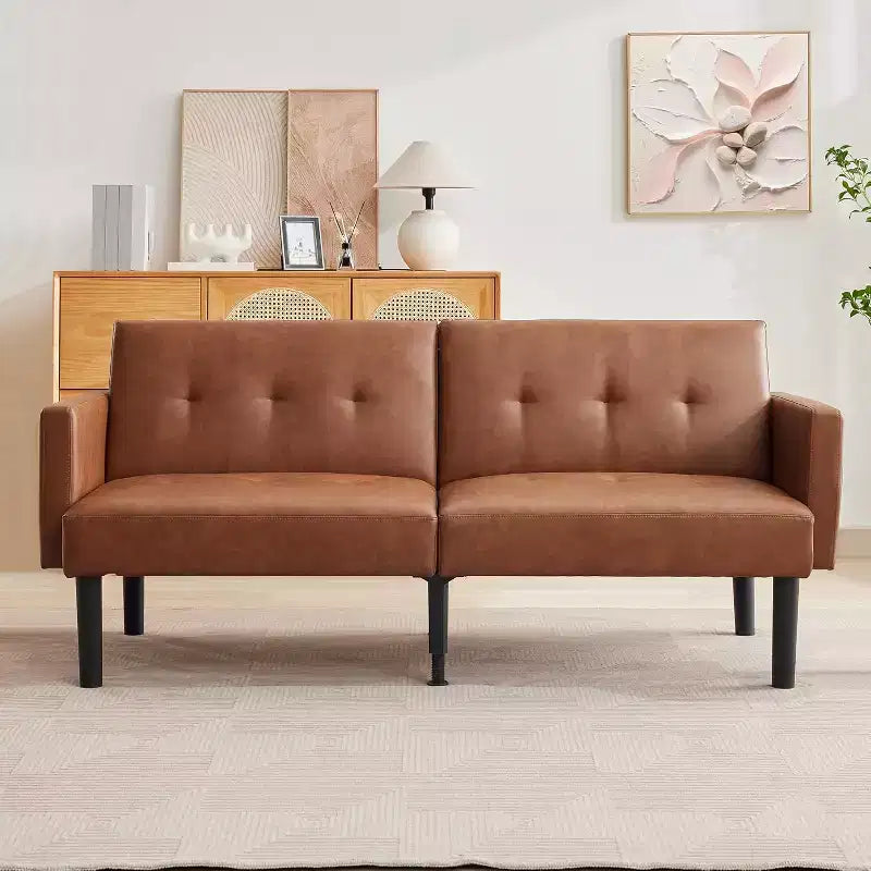 Canapé futon convertible 3 positions, Causeuse compacte, Canapé-lit moderne du milieu du siècle, Canapé convertible, Canapés de salon (Gris/Marron)