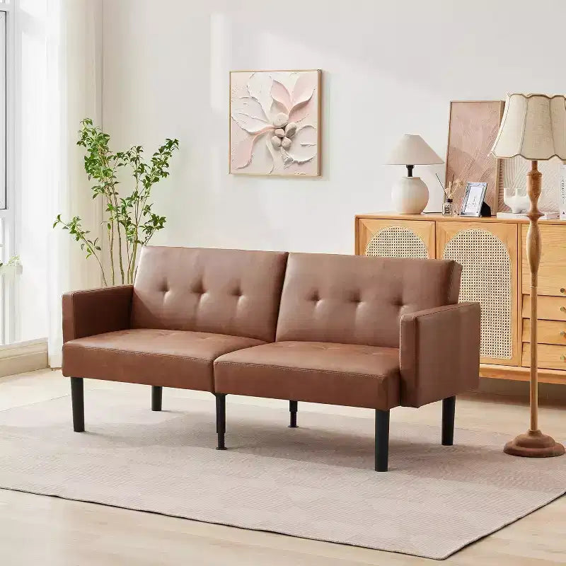 Canapé futon convertible 3 positions, Causeuse compacte, Canapé-lit moderne du milieu du siècle, Canapé convertible, Canapés de salon (Gris/Marron)