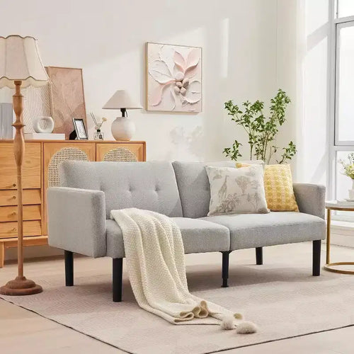Canapé futon convertible 3 positions, Causeuse compacte, Canapé-lit moderne du milieu du siècle, Canapé convertible, Canapés de salon (Gris/Marron)