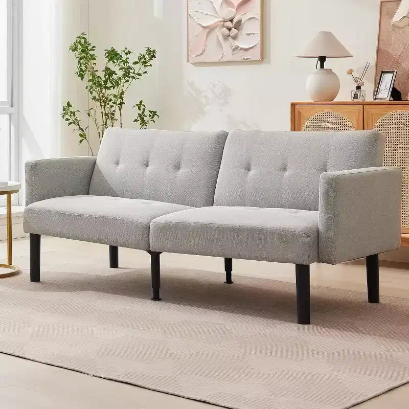 Canapé futon convertible 3 positions, Causeuse compacte, Canapé-lit moderne du milieu du siècle, Canapé convertible, Canapés de salon (Gris/Marron)