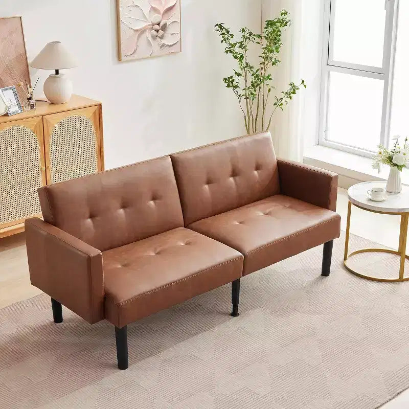 Canapé futon convertible 3 positions, Causeuse compacte, Canapé-lit moderne du milieu du siècle, Canapé convertible, Canapés de salon (Gris/Marron)