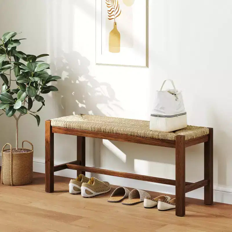 Banc en bois long de 40 po, intérieur, salle à manger, entrée, bout de lit, siège en jonc de mer naturel