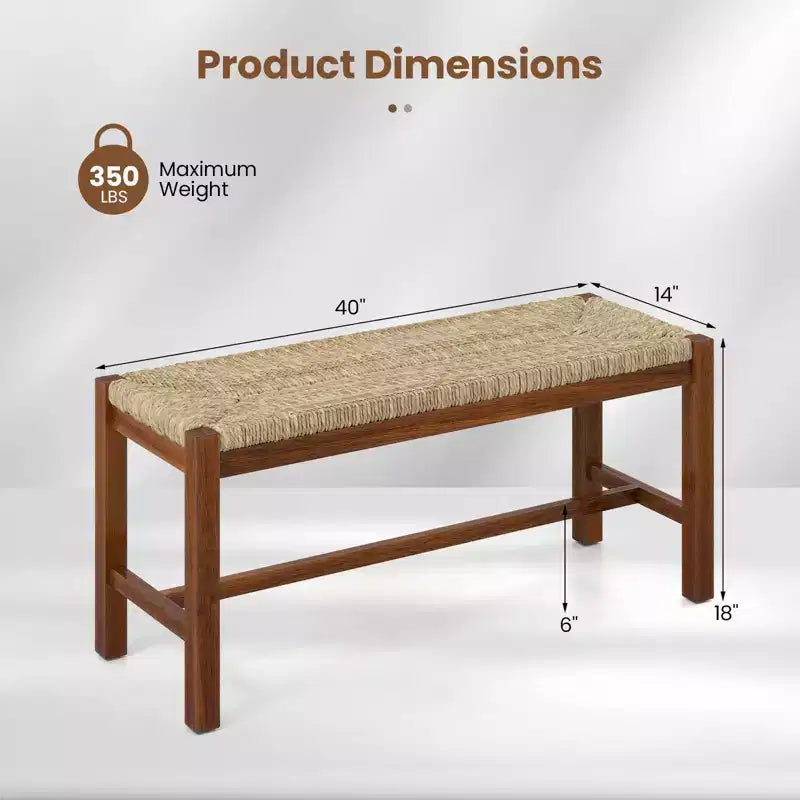 Banc en bois long de 40 po, intérieur, salle à manger, entrée, bout de lit, siège en jonc de mer naturel