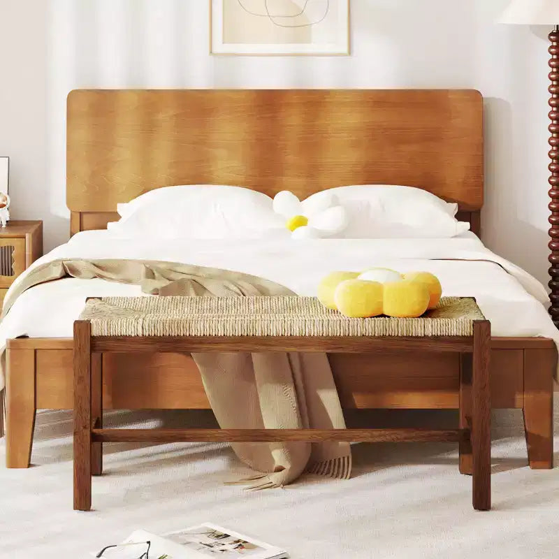 Banc en bois long de 40 po, intérieur, salle à manger, entrée, bout de lit, siège en jonc de mer naturel