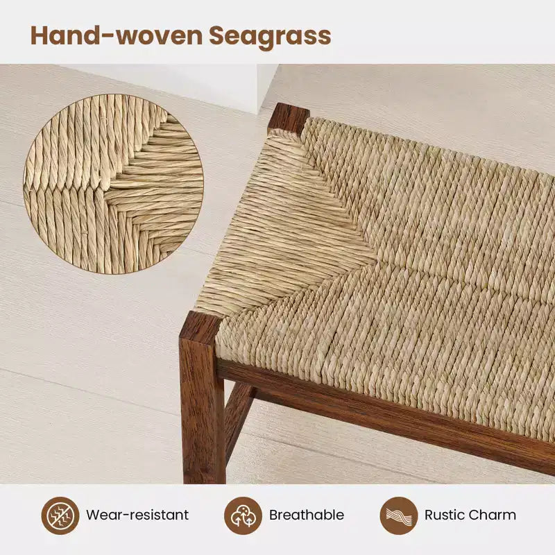Banc en bois long de 40 po, intérieur, salle à manger, entrée, bout de lit, siège en jonc de mer naturel