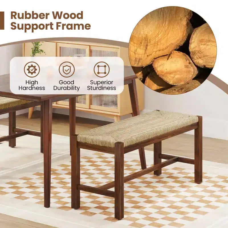 Banc en bois long de 40 po, intérieur, salle à manger, entrée, bout de lit, siège en jonc de mer naturel