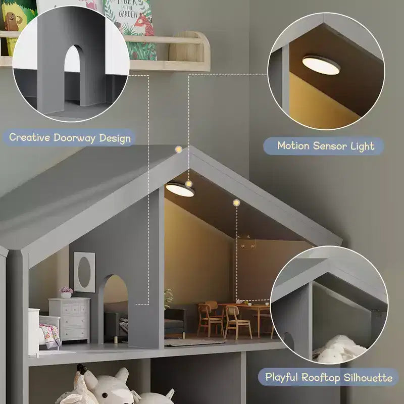 Étagère à Livres 2 Niveaux pour Enfants et Organiseur de Jouets avec Lumière à Détecteur de Mouvement, Meuble de Rangement en Bois pour Salles de Jeux, Salles de Classe et Chambres d'Enfants