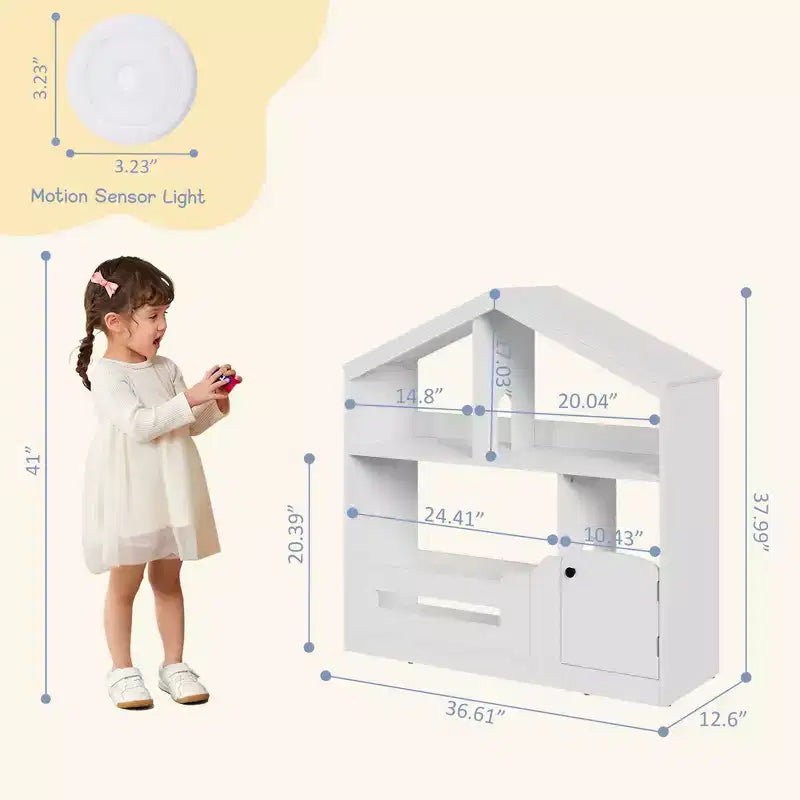 Étagère à Livres 2 Niveaux pour Enfants et Organiseur de Jouets avec Lumière à Détecteur de Mouvement, Meuble de Rangement en Bois pour Salles de Jeux, Salles de Classe et Chambres d'Enfants