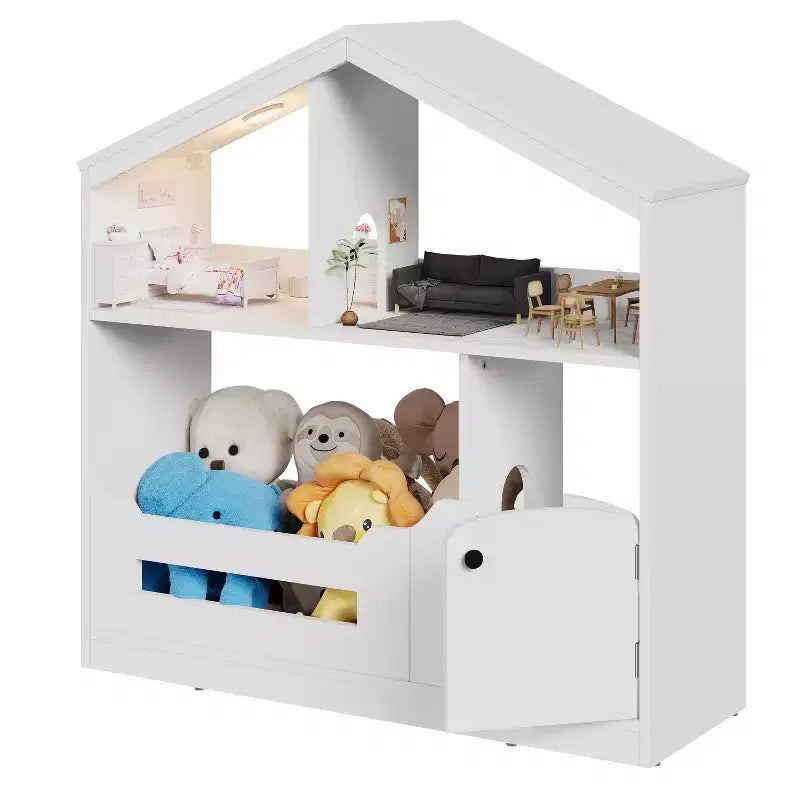 Étagère à Livres 2 Niveaux pour Enfants et Organiseur de Jouets avec Lumière à Détecteur de Mouvement, Meuble de Rangement en Bois pour Salles de Jeux, Salles de Classe et Chambres d'Enfants