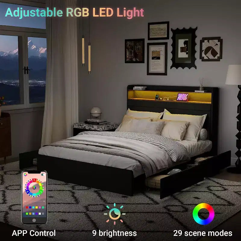 Cadre de lit double avec 4 tiroirs de rangement, cadre de lit rembourré pleine grandeur avec tête de lit, lumières LED, support robuste à lattes métalliques, silencieux, gris foncé