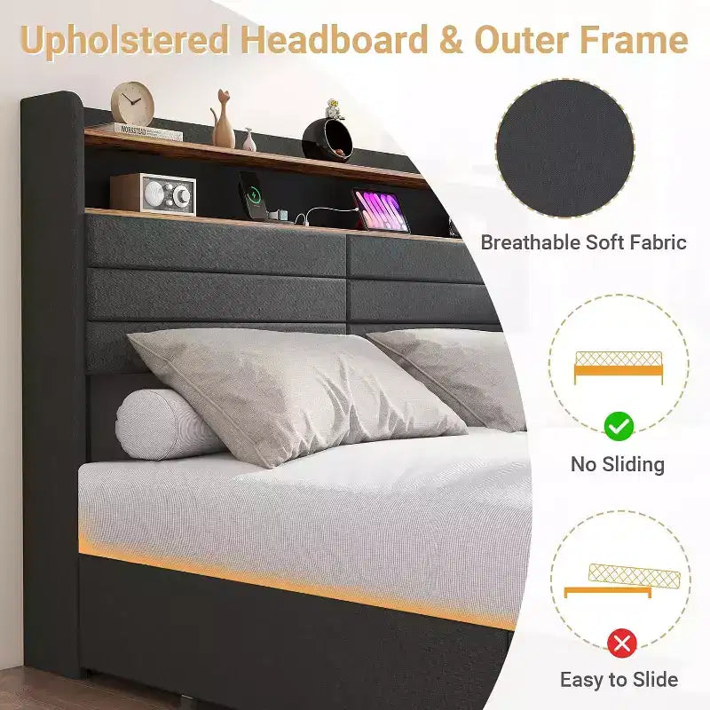 Cadre de lit double avec 4 tiroirs de rangement, cadre de lit rembourré pleine grandeur avec tête de lit, lumières LED, support robuste à lattes métalliques, silencieux, gris foncé