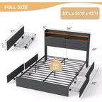 Cadre de lit double avec 4 tiroirs de rangement, cadre de lit rembourré pleine grandeur avec tête de lit, lumières LED, support robuste à lattes métalliques, silencieux, gris foncé