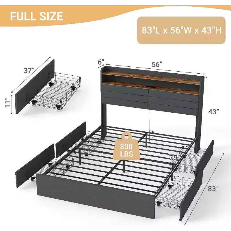 Cadre de lit double avec 4 tiroirs de rangement, cadre de lit rembourré pleine grandeur avec tête de lit, lumières LED, support robuste à lattes métalliques, silencieux, gris foncé