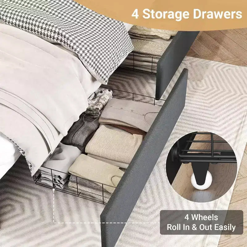 Cadre de lit double avec 4 tiroirs de rangement, cadre de lit rembourré pleine grandeur avec tête de lit, lumières LED, support robuste à lattes métalliques, silencieux, gris foncé