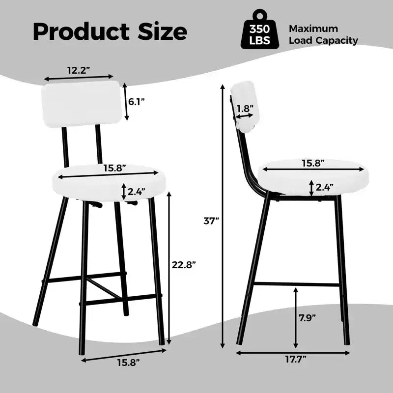Tabourets de bar, tabourets de comptoir modernes rembourrés avec assise ronde, chaise de bar sans accoudoirs avec dossier, repose-pieds et pieds en métal