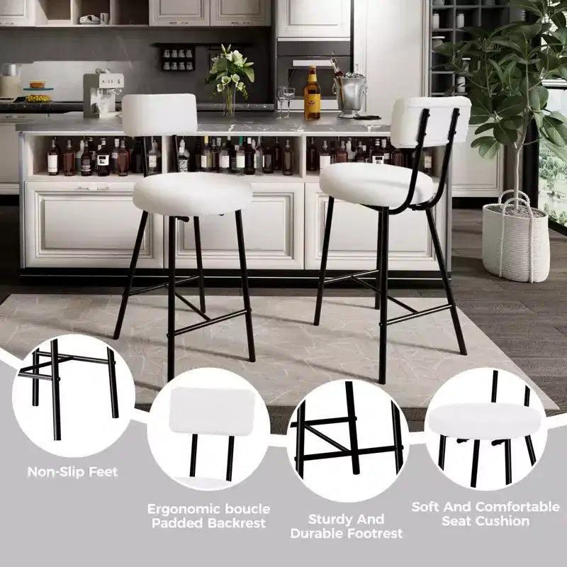 Tabourets de bar, tabourets de comptoir modernes rembourrés avec assise ronde, chaise de bar sans accoudoirs avec dossier, repose-pieds et pieds en métal