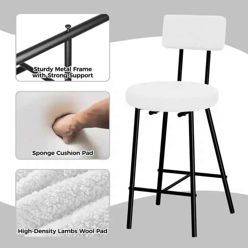 Tabourets de bar, tabourets de comptoir modernes rembourrés avec assise ronde, chaise de bar sans accoudoirs avec dossier, repose-pieds et pieds en métal