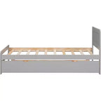 Cadre de lit plateforme double moderne avec lit gigogne, lit superposé double sur lit double, balustrade et échelle, lattes en bois, sans sommier, gris