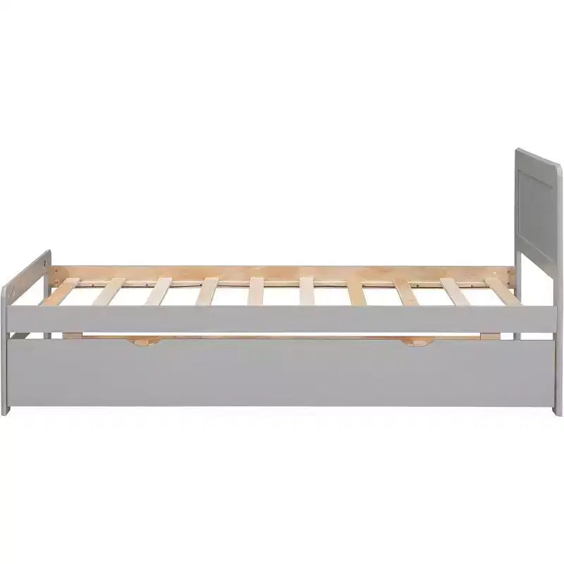 Cadre de lit plateforme double moderne avec lit gigogne, lit superposé double sur lit double, balustrade et échelle, lattes en bois, sans sommier, gris